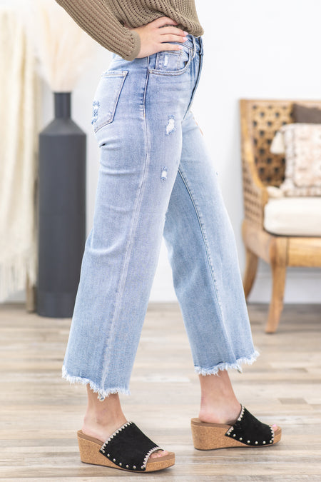 Risen Light Wash Crop Wide Fray Hem Jeans