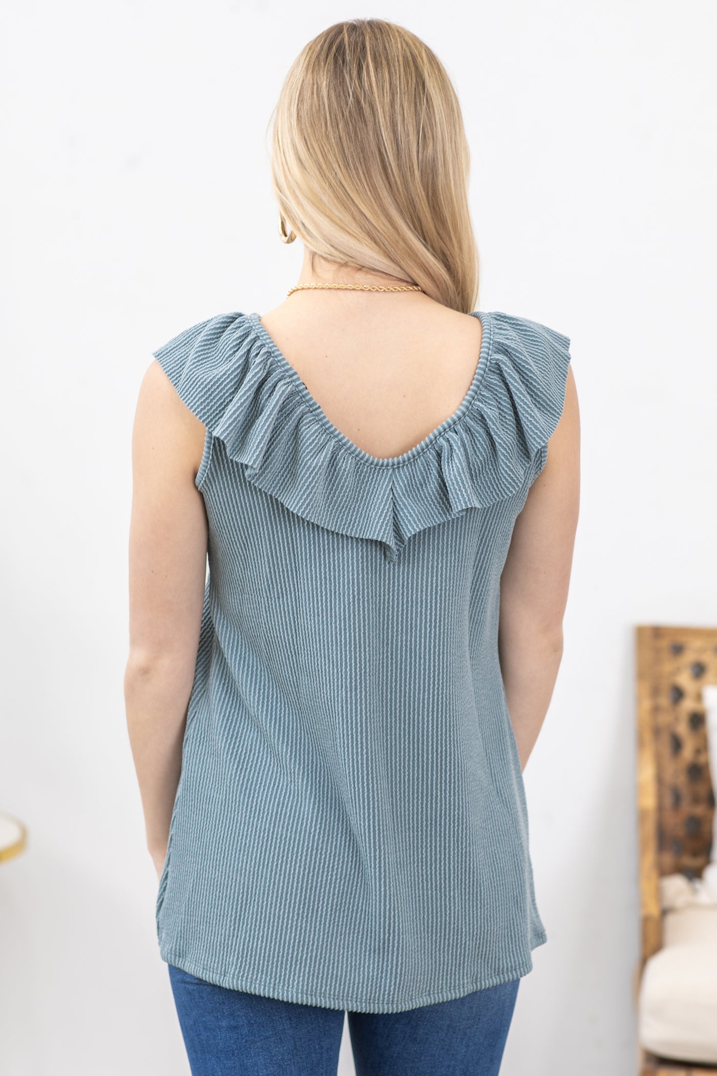 Sage Ruffled V-Neck Ribbed Knit Tank