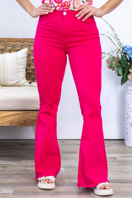 Hot Pink Flare Pants With Raw Hem