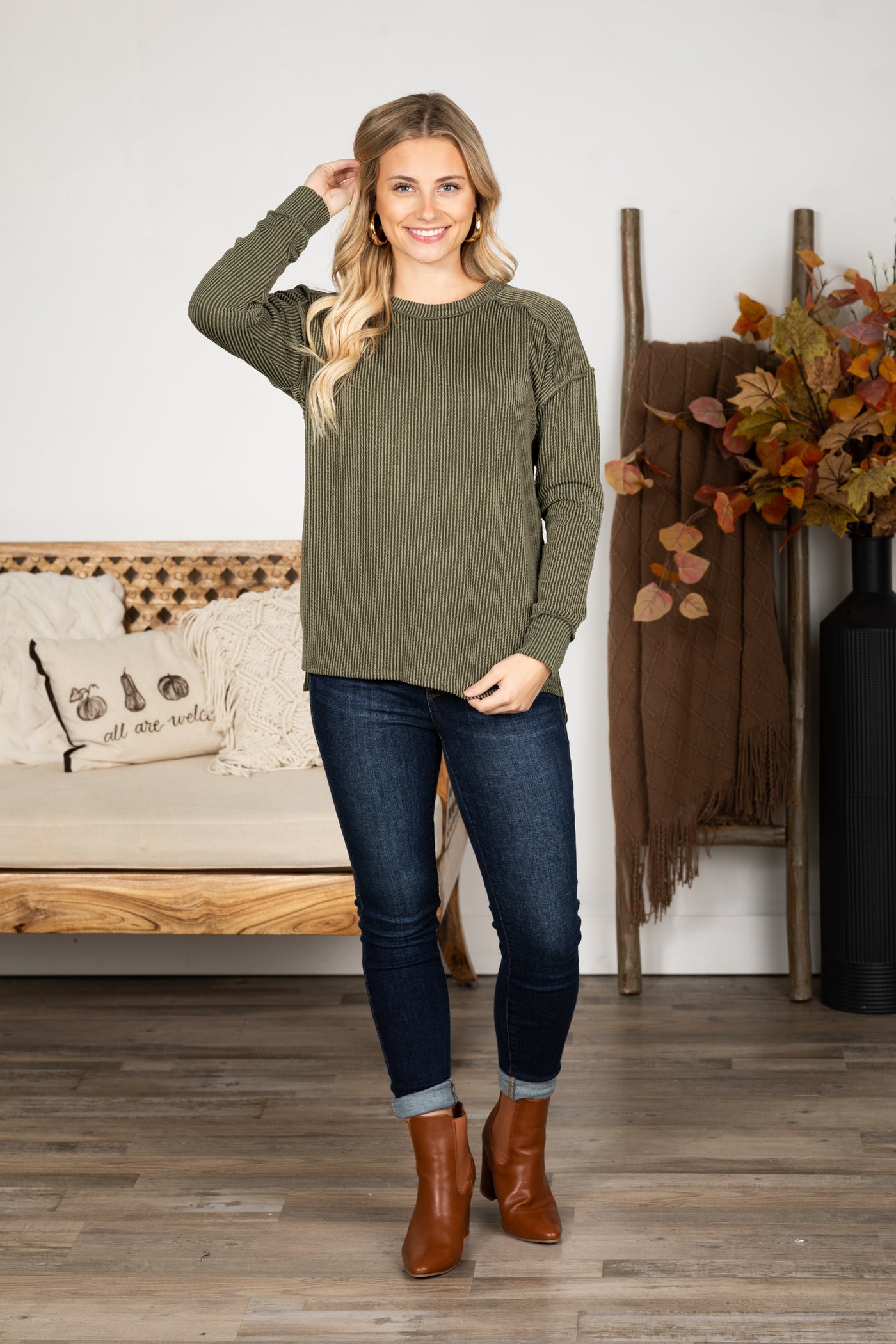 Ribbed Drop Shoulder Long Sleeve Knit Top