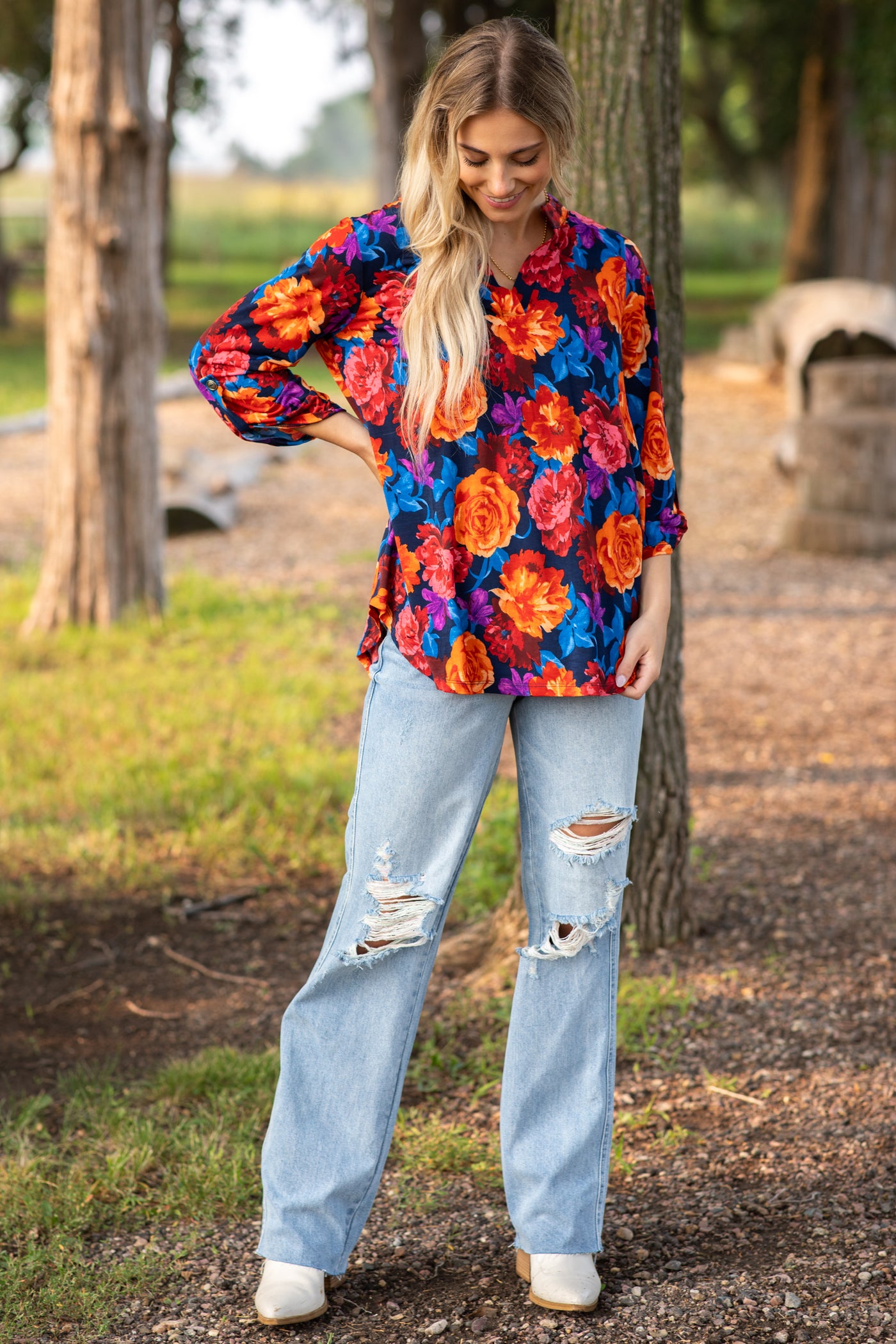 Orange Floral Wrinkle Free Lizzy Top