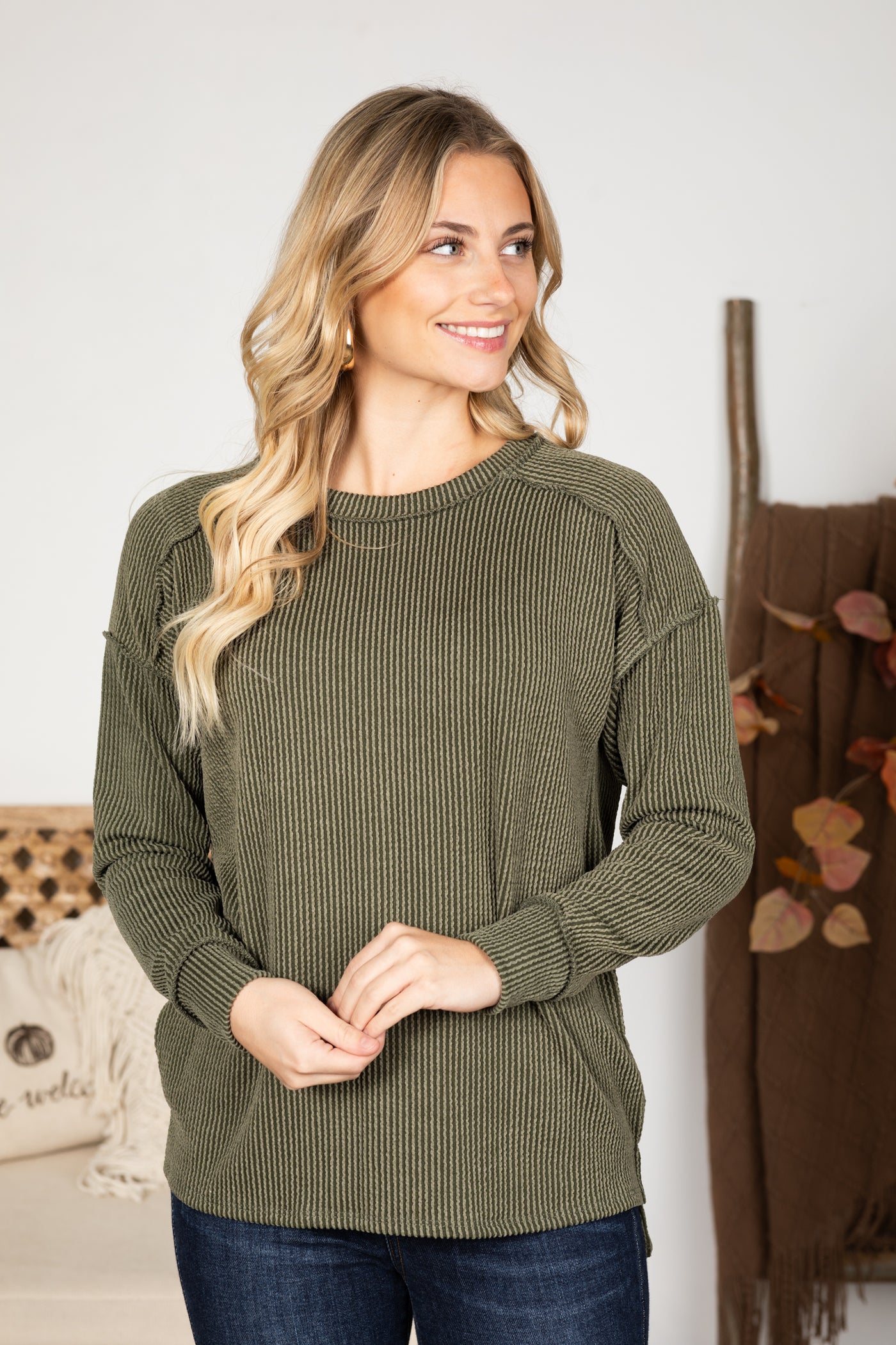 Ribbed Drop Shoulder Long Sleeve Knit Top