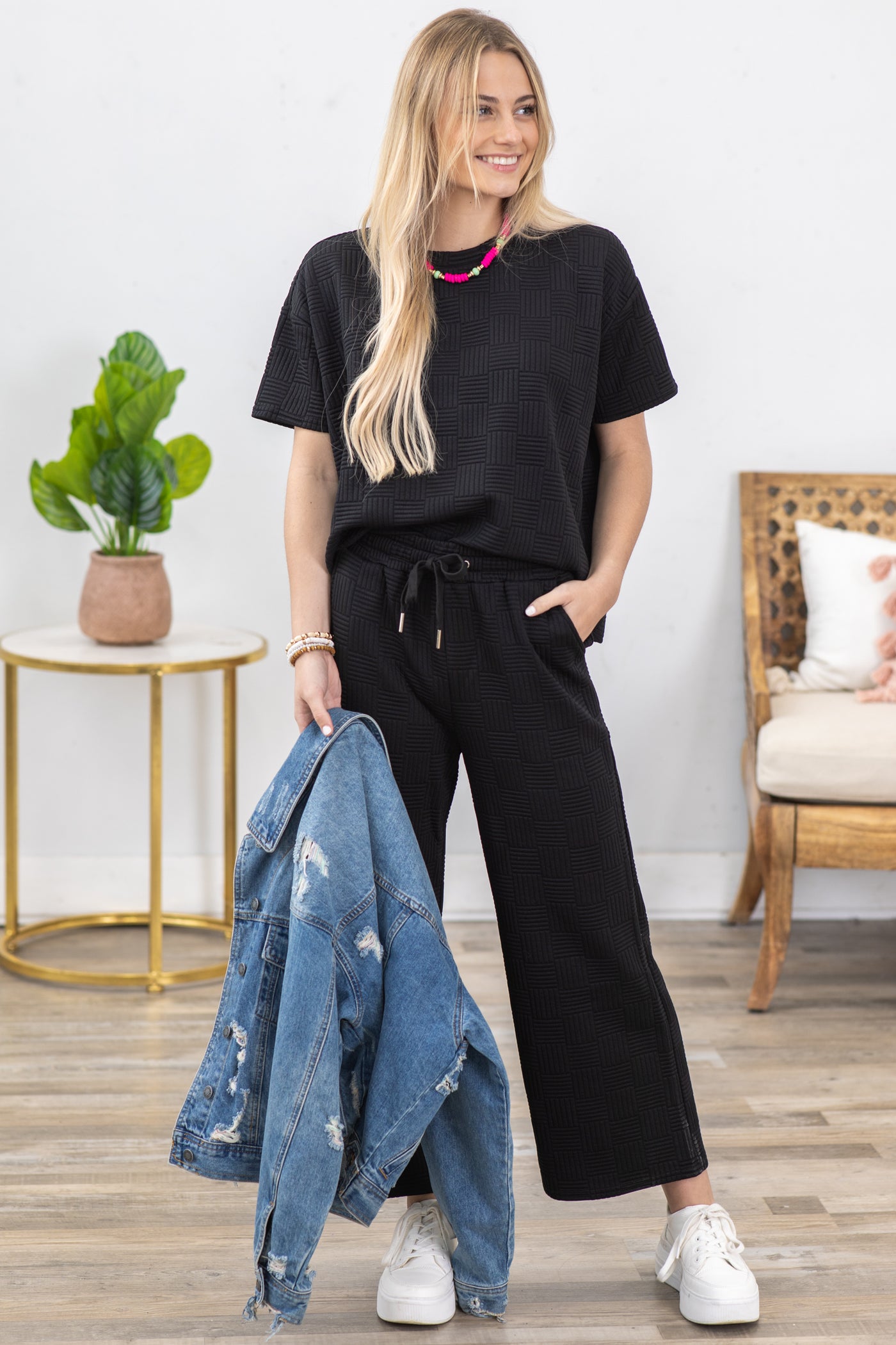 Black Patchwork Textured Wide Leg Pant Set