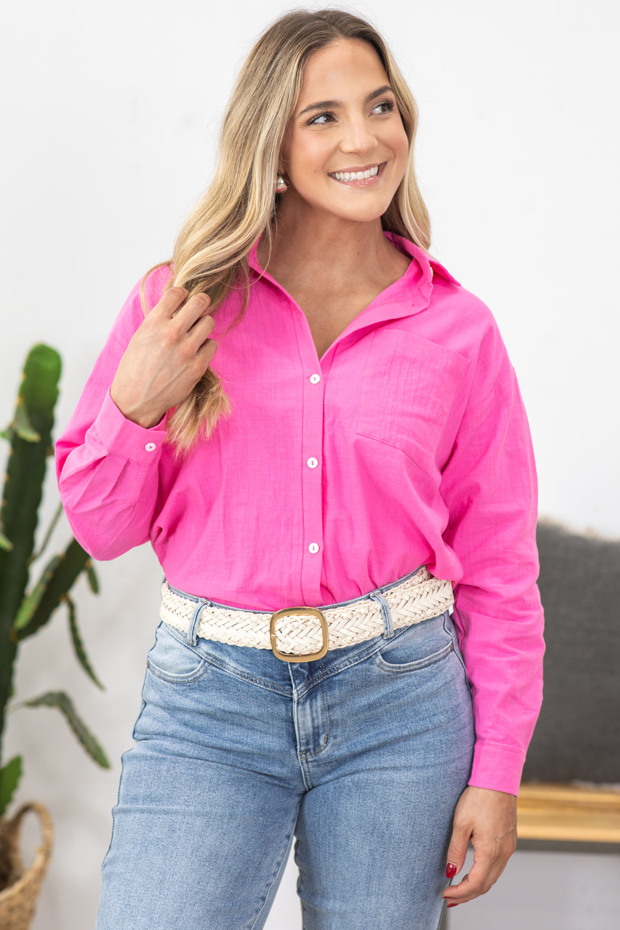 Pink Collared Button Up Woven Top