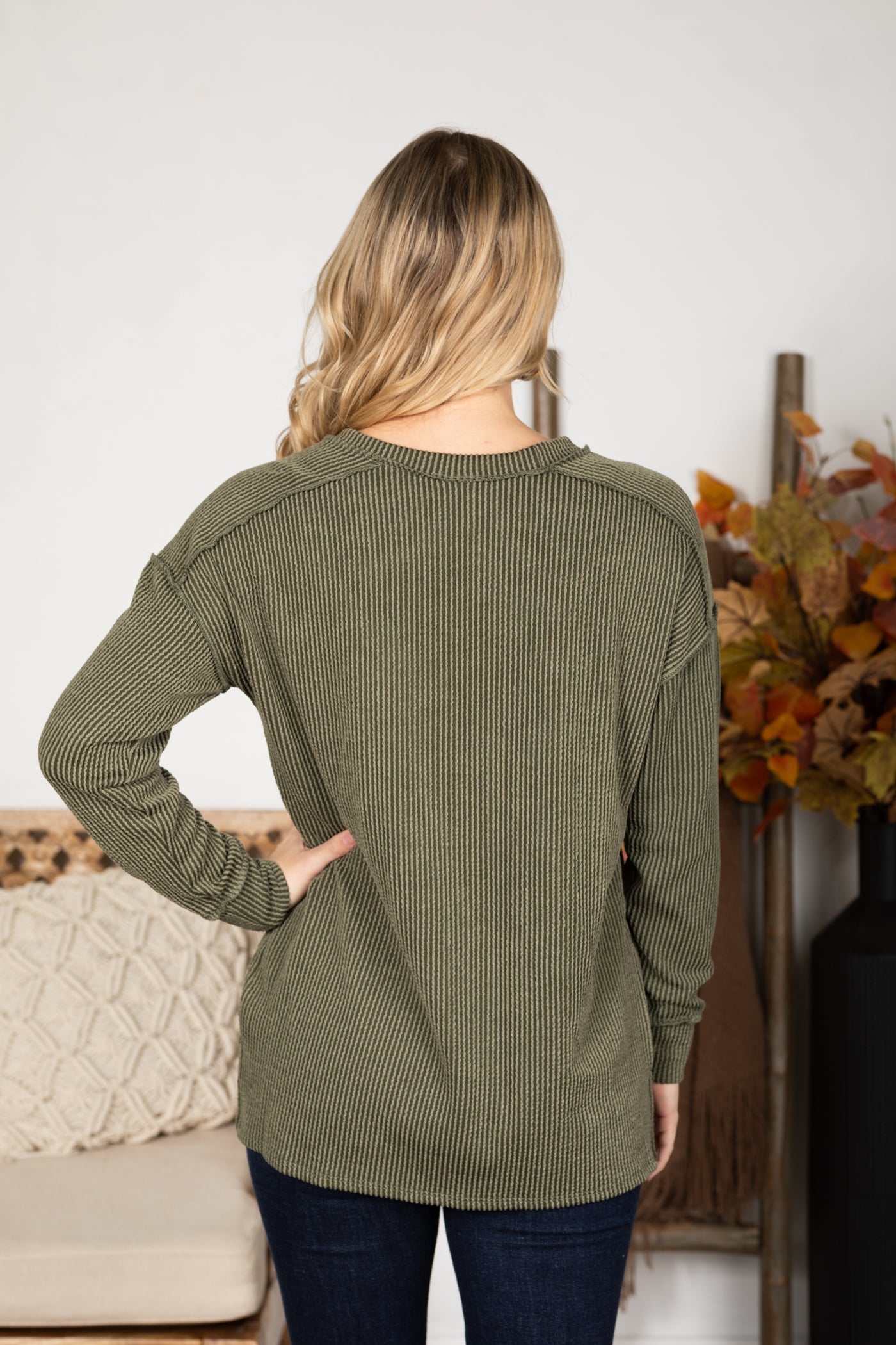 Ribbed Drop Shoulder Long Sleeve Knit Top