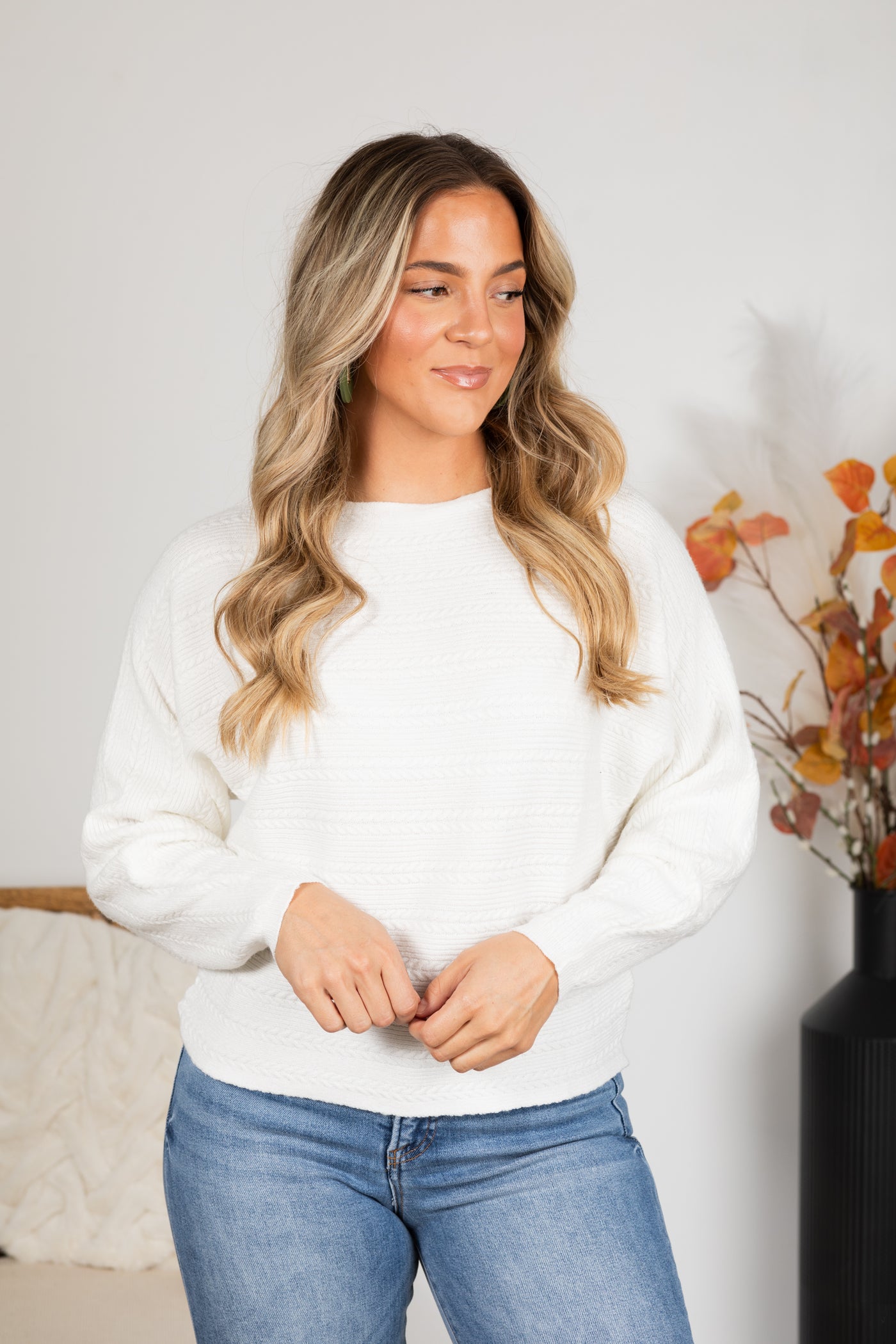 Dolman Pullover With Cable Knit Rib Top