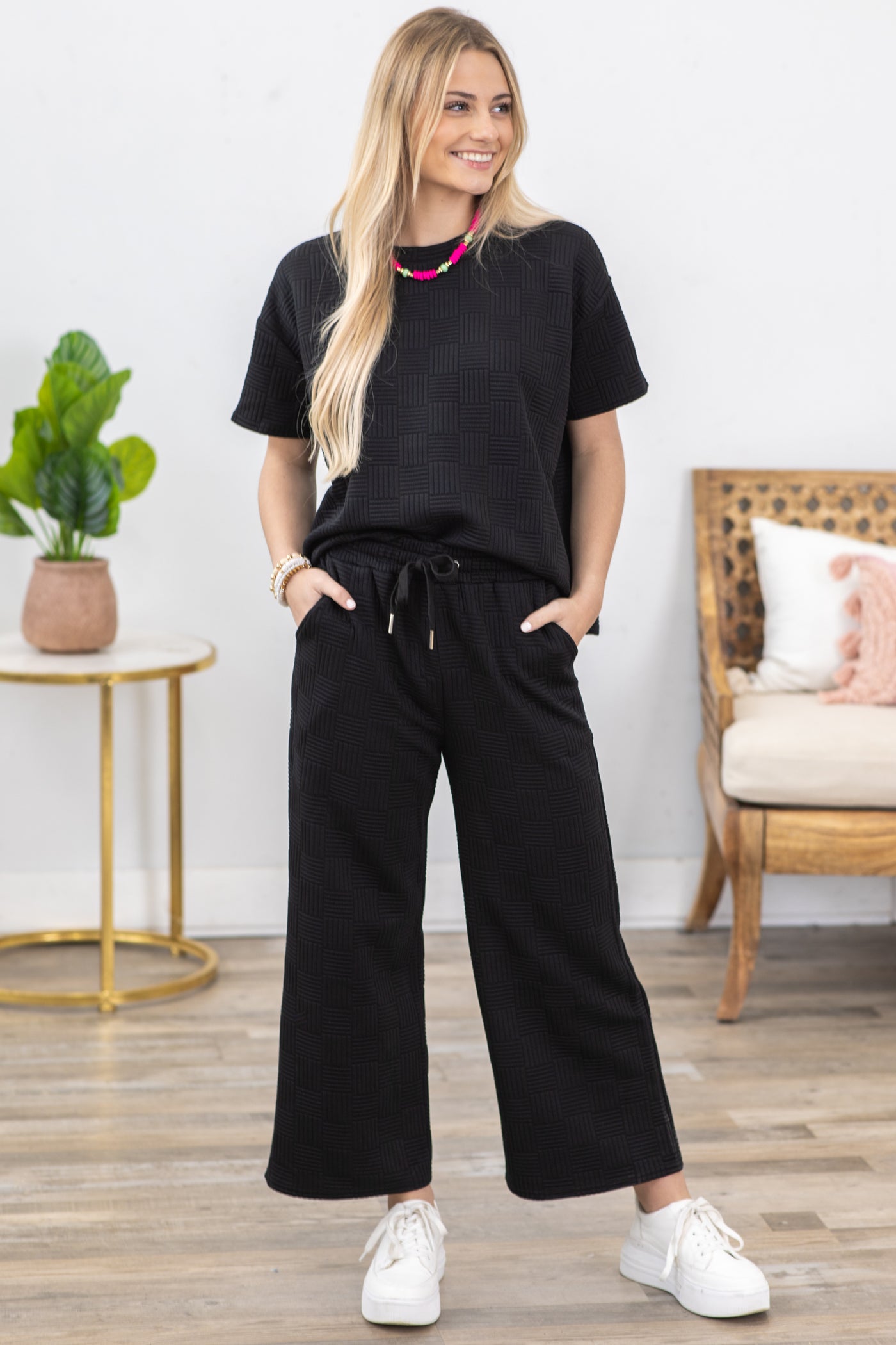 Black Patchwork Textured Wide Leg Pant Set