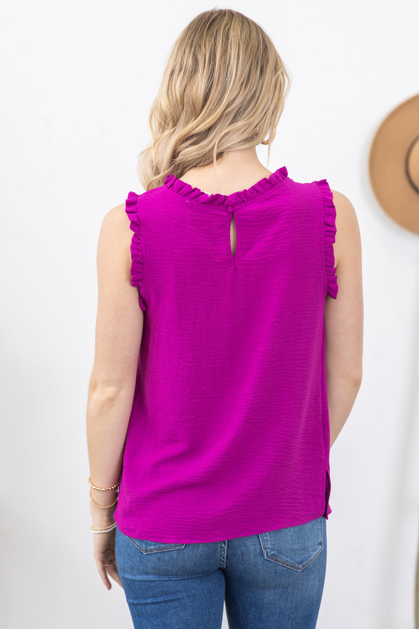 Berry Solid Mock Neck With Ruffle Woven Top