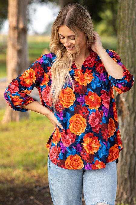 Orange Floral Wrinkle Free Lizzy Top