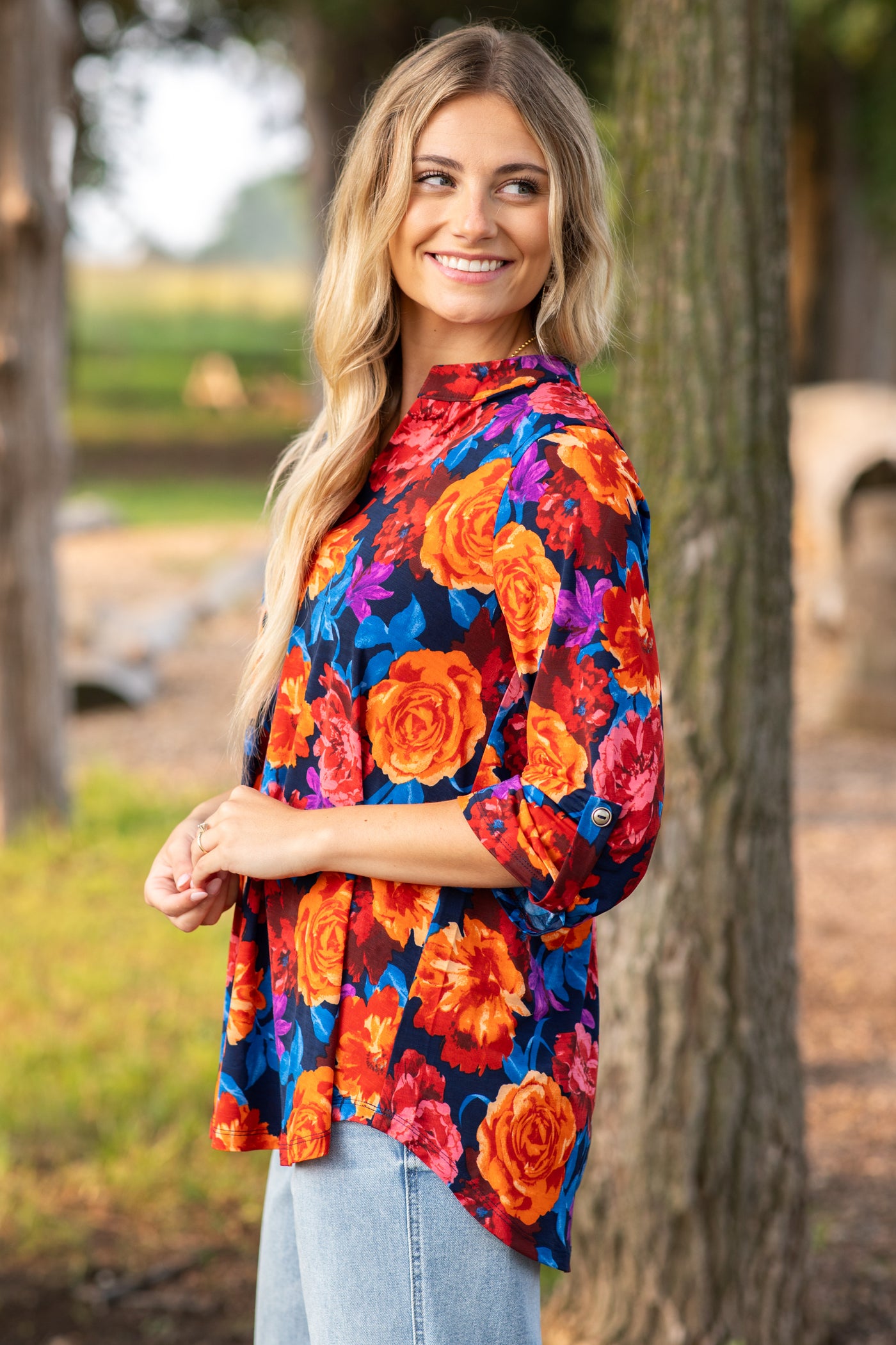 Orange Floral Wrinkle Free Lizzy Top