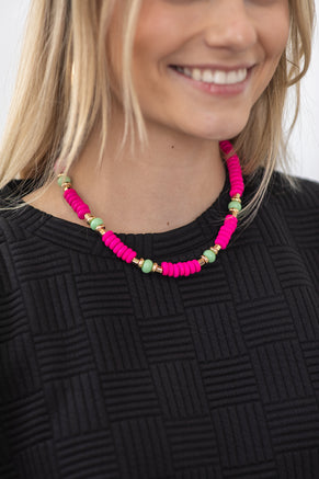 Hot Pink Wood Bead And Mint Necklace