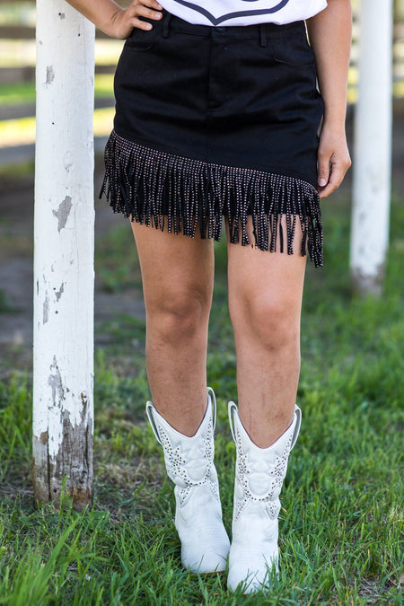 Black Denim Skirt With Fringe Detail - Filly Flair