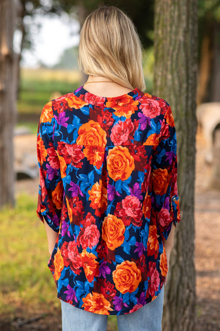 Orange Floral Wrinkle Free Lizzy Top