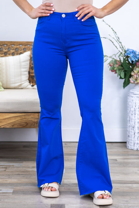 Cobalt Flare Pants With Raw Hem