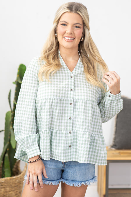 Sage Checkered Long Sleeve Button Up Woven Top