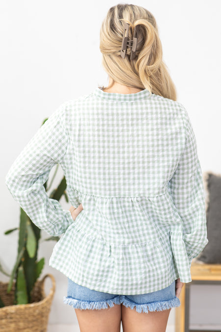 Sage Checkered Long Sleeve Button Up Woven Top