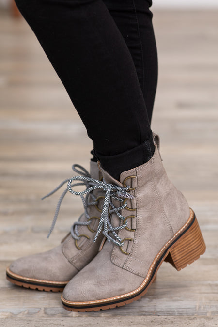 Grey Lace Up Boots With Block Heel