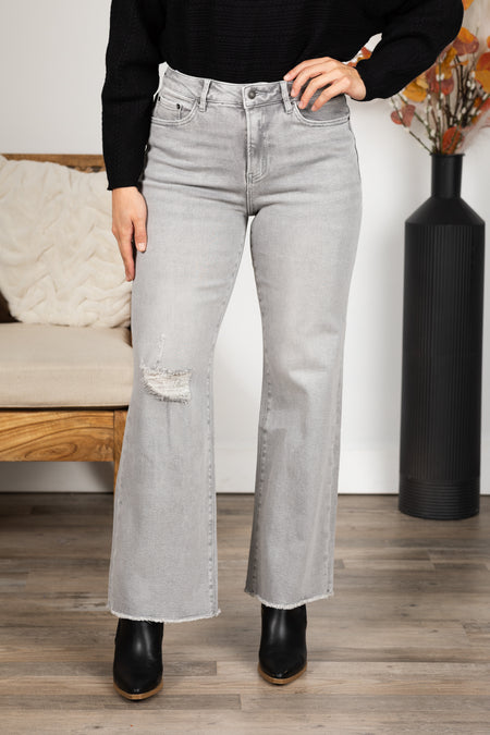 Mica Light Grey Knee Distress Wide Leg Jeans