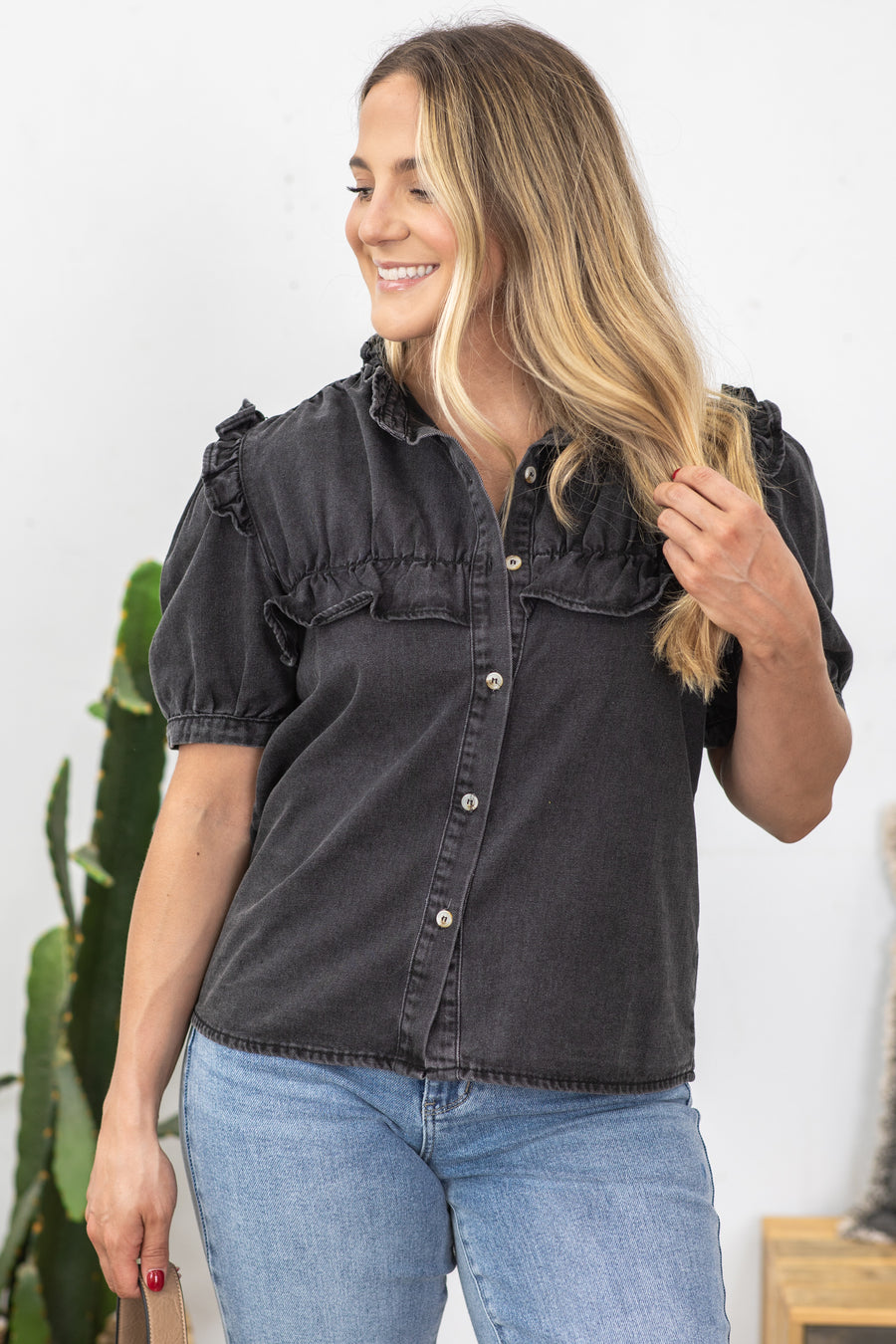 Black Washed Puff Sleeve Button Up Woven Top