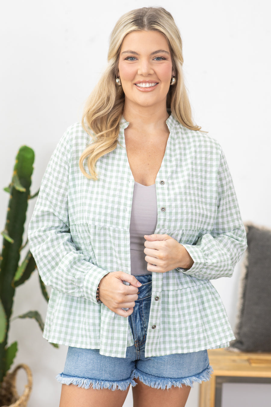 Sage Checkered Long Sleeve Button Up Woven Top