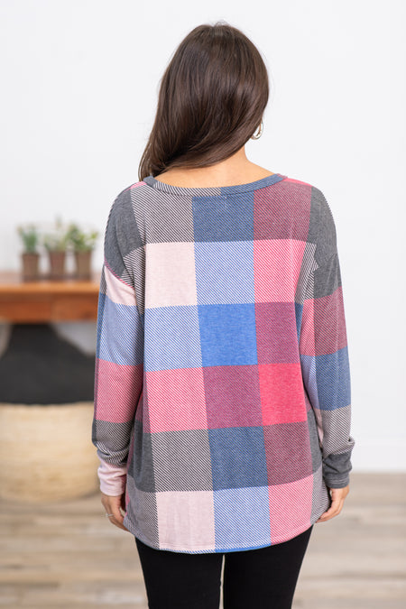 Blue and Raspberry Plaid Long Sleeve Top