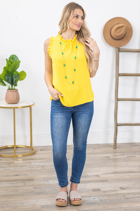 Yellow Solid Mock Neck With Ruffle Woven Top