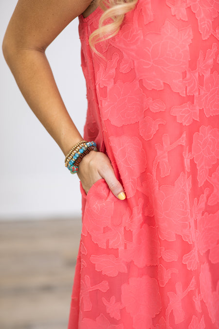 Coral Halter Neck Tonal Floral Lace Dress