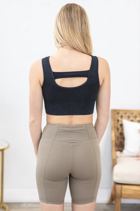 Black Cut-Out Back Mineral Washed Sport Bra