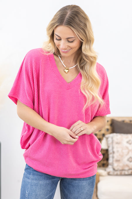 V-Neck Rib Knit Dolman Sleeve Top