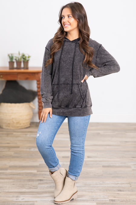 Black Mineral Wash Hooded Long Sleeve Top