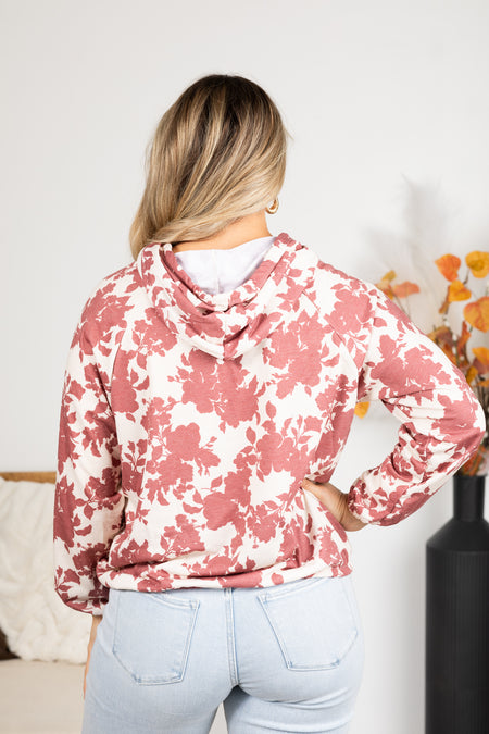 Cream With Rust Floral Print Drawstring Hoodie