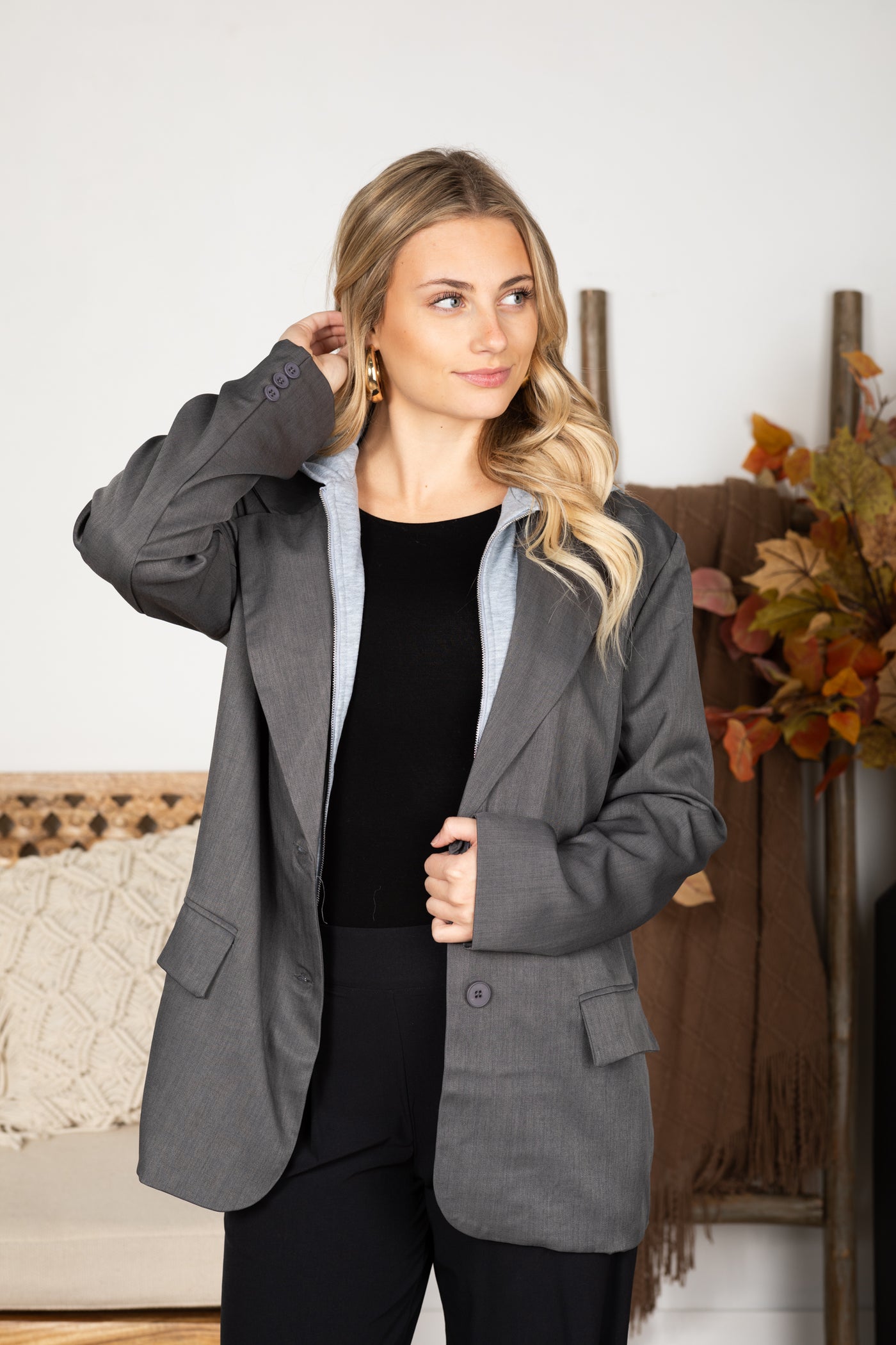 Graphite Relaxed Blazer With Knit Hood