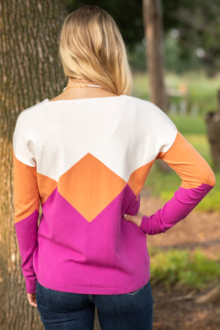 Colorblock Geometric Print V-Neck Sweater