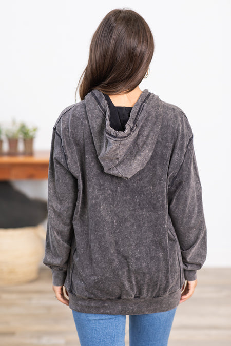 Black Mineral Wash Hooded Long Sleeve Top