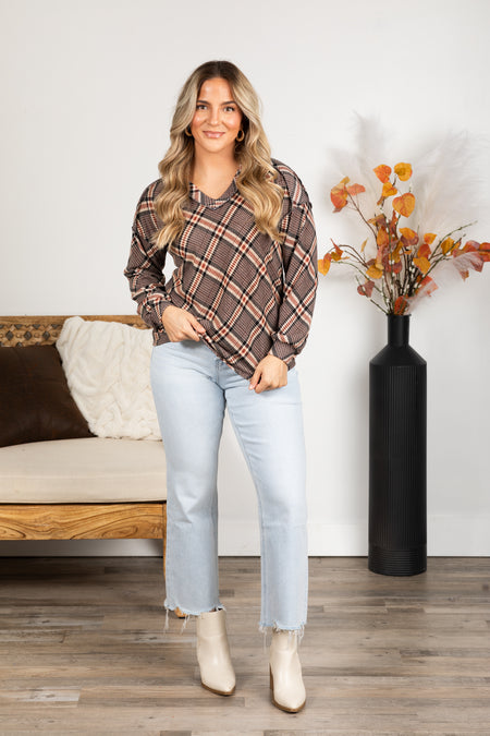 Mocha And Rust Plaid Long Sleeve Knit Top