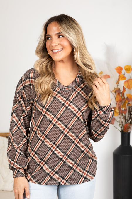 Mocha And Rust Plaid Long Sleeve Knit Top