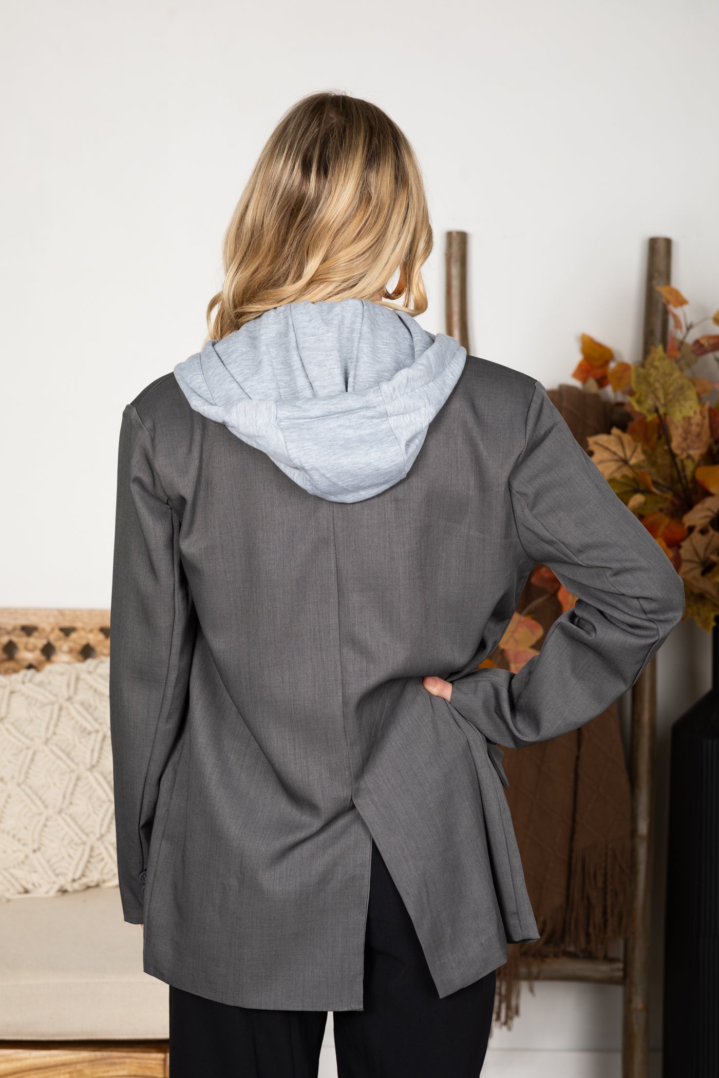 Graphite Relaxed Blazer With Knit Hood