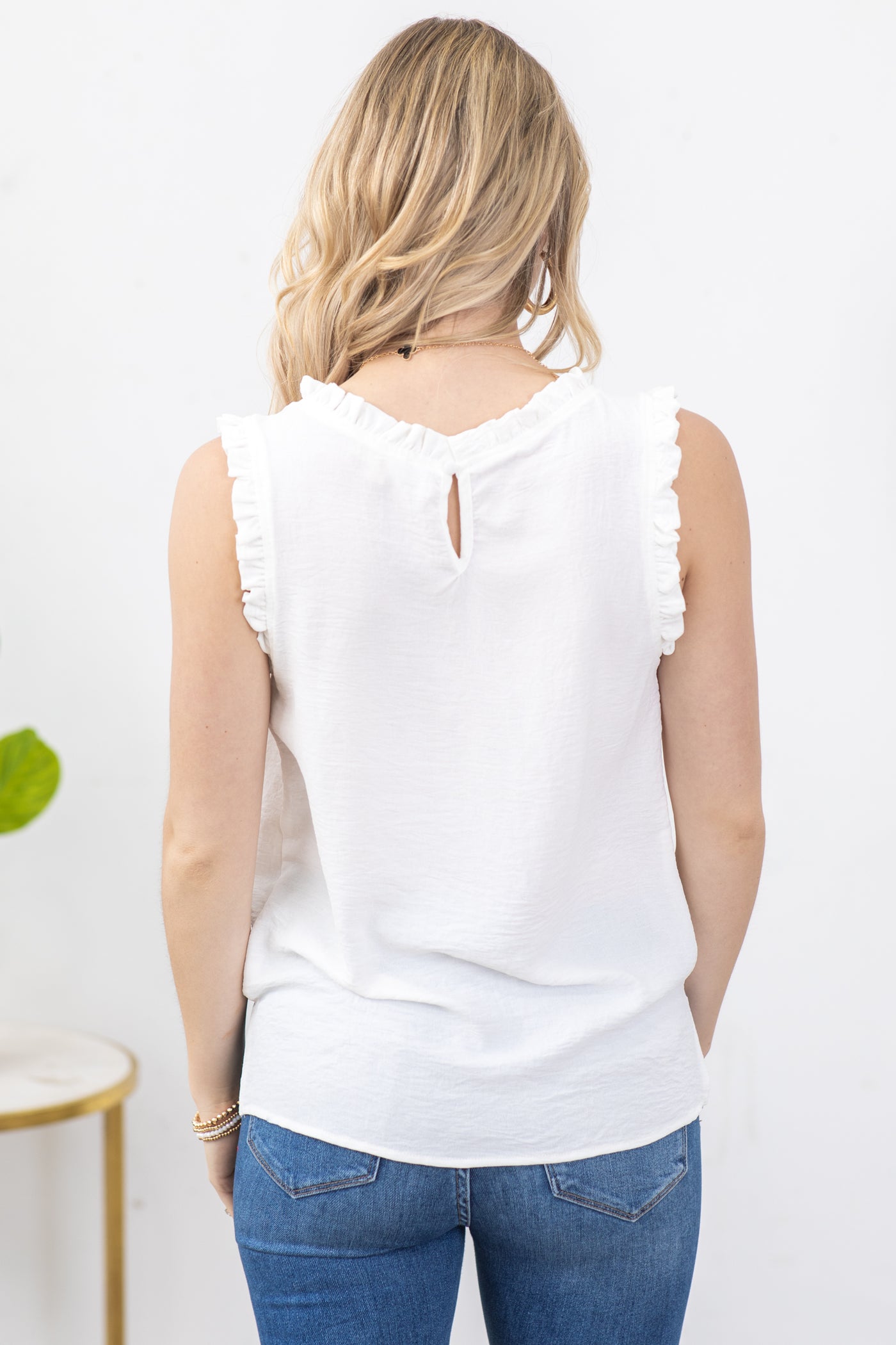 Off White Solid Mock Neck With Ruffle Woven Top