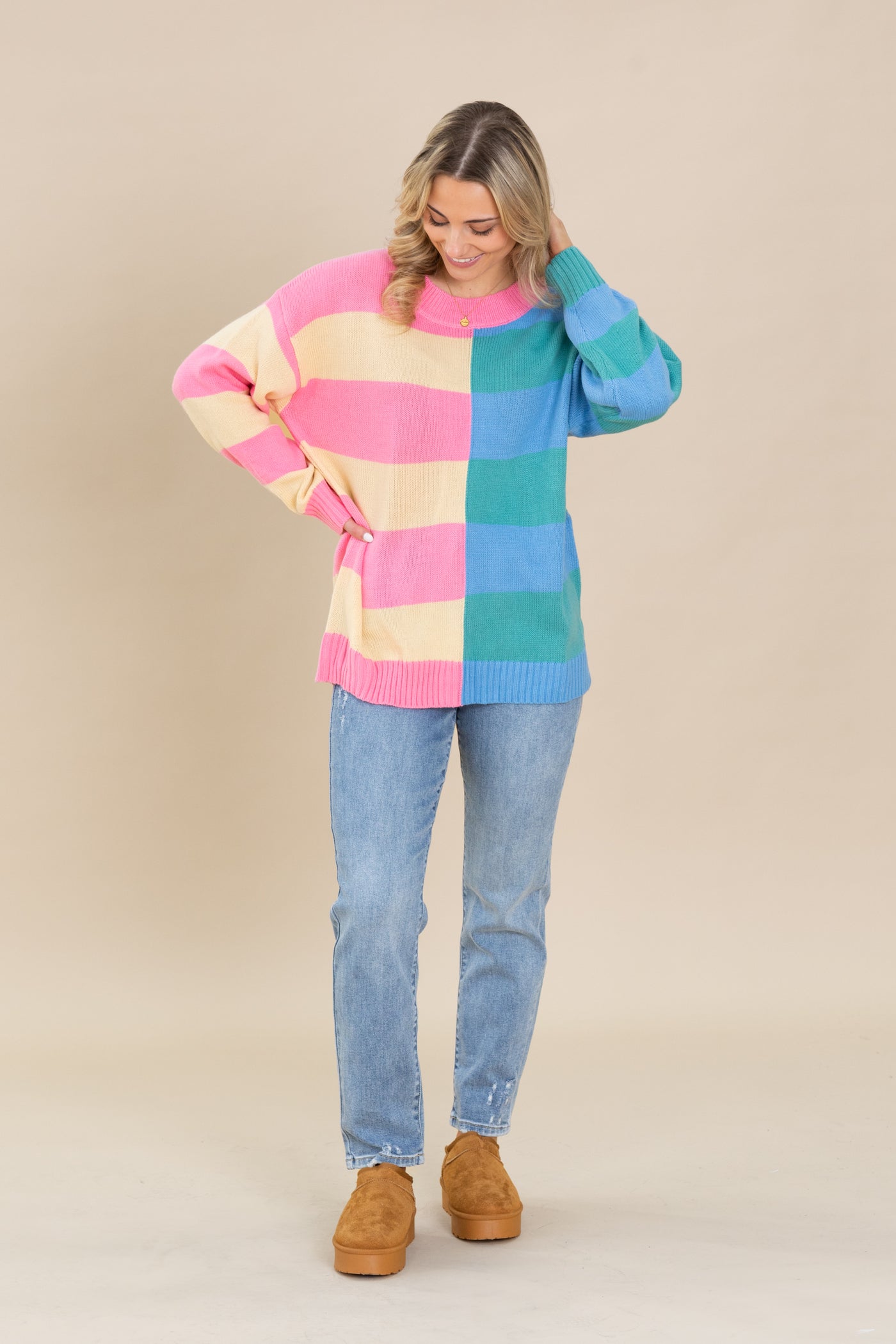 Pink And Blue Stripe Long Sleeve Sweater