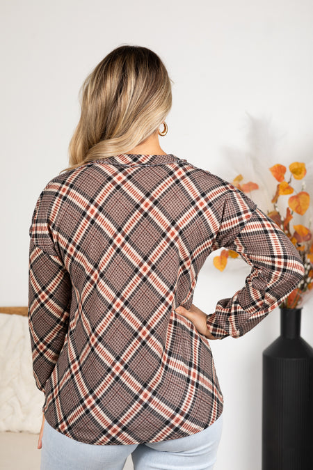 Mocha And Rust Plaid Long Sleeve Knit Top