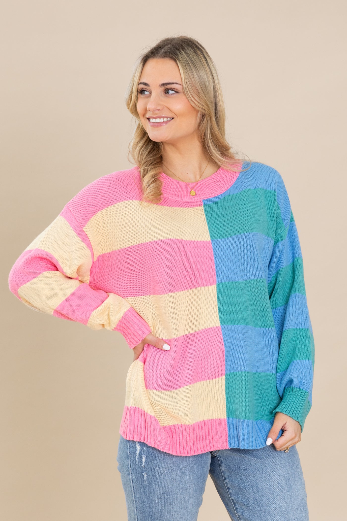 Pink And Blue Stripe Long Sleeve Sweater