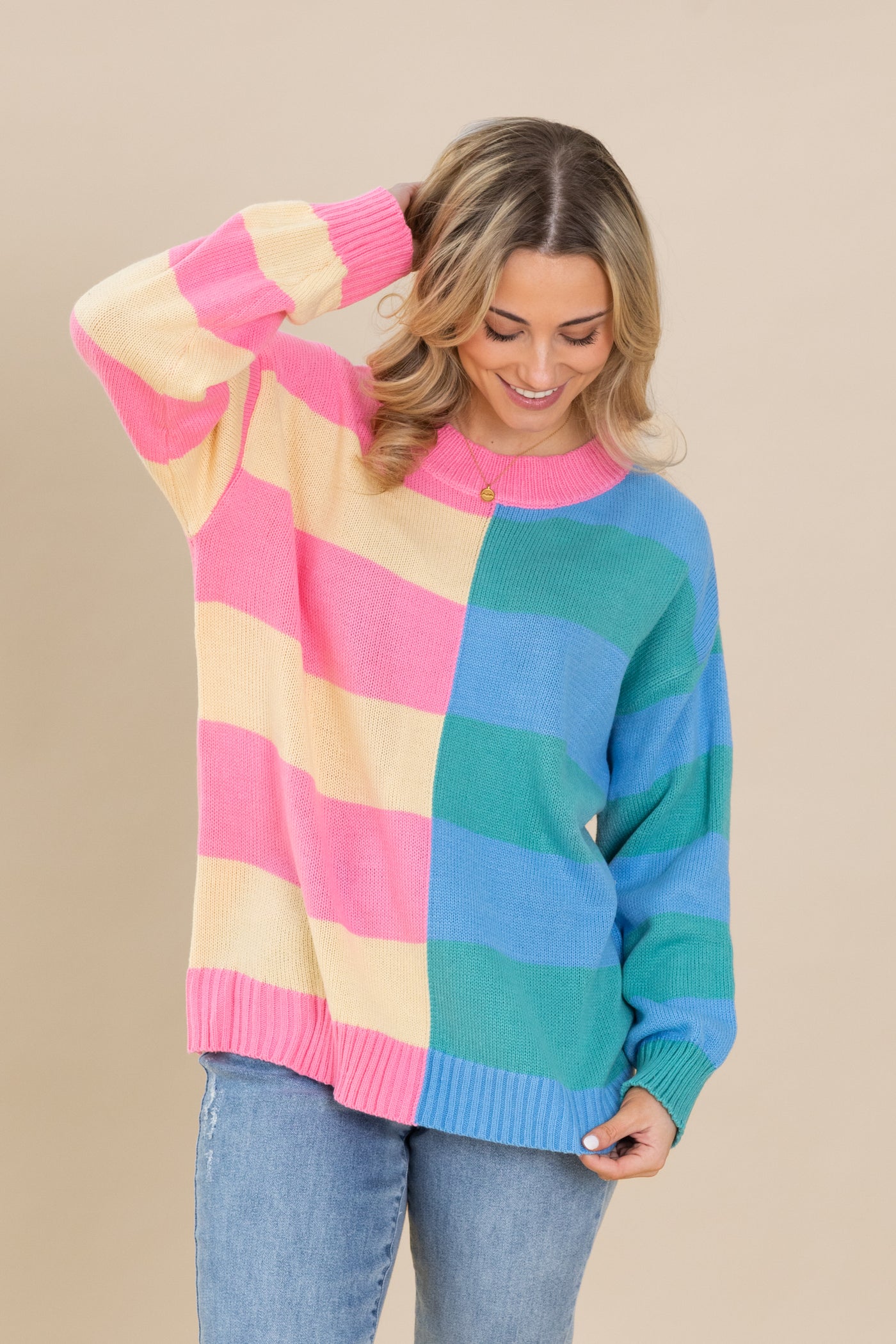 Pink And Blue Stripe Long Sleeve Sweater