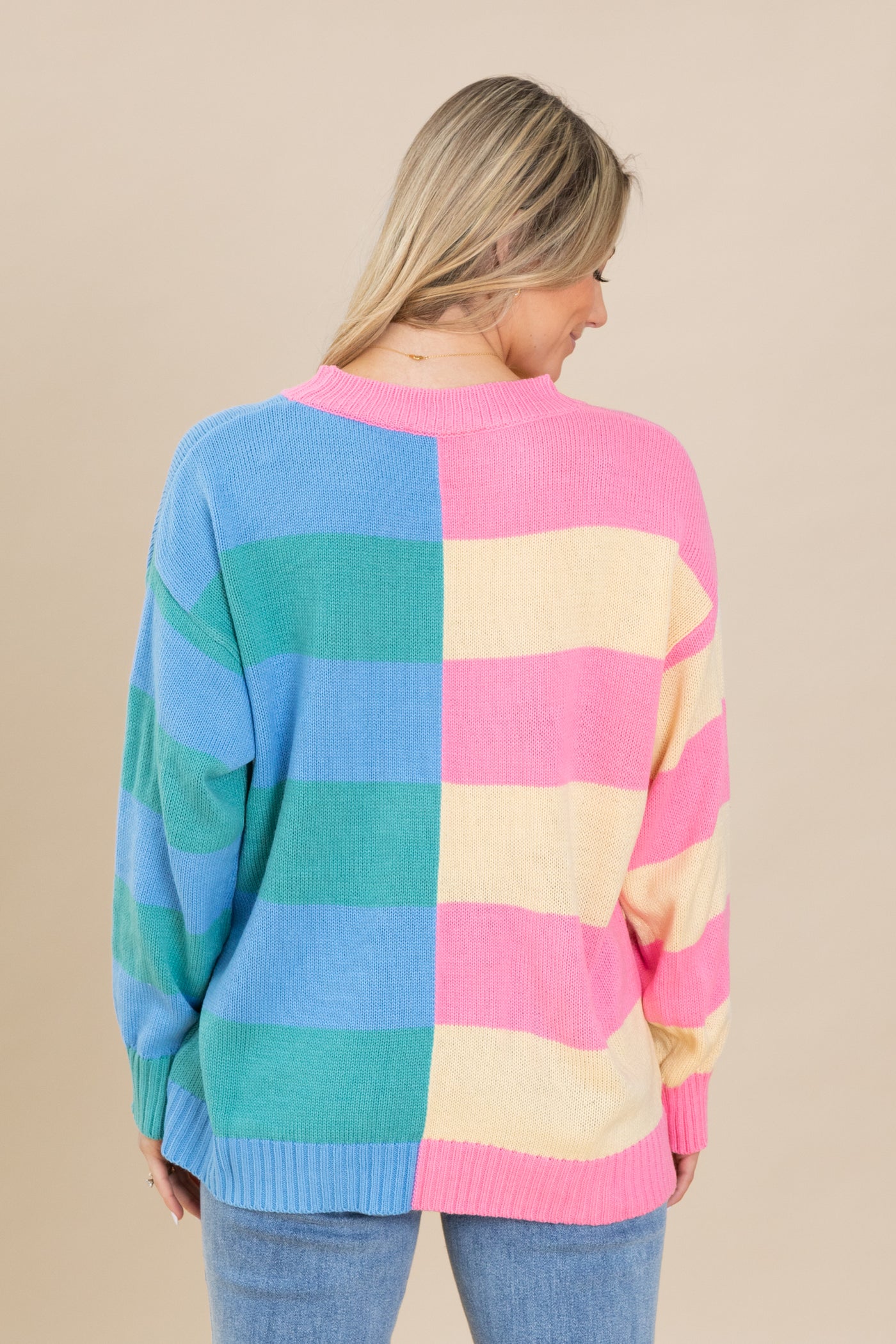 Pink And Blue Stripe Long Sleeve Sweater