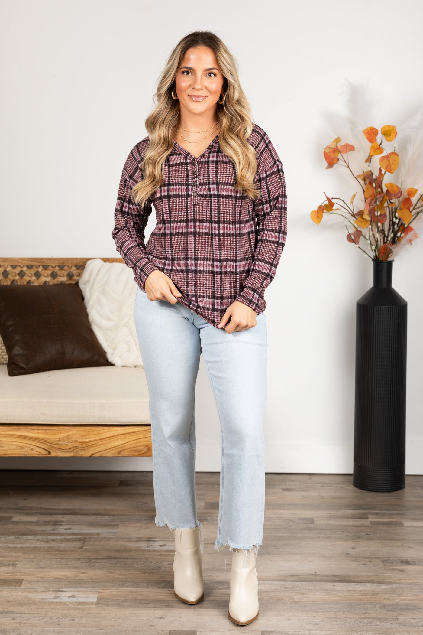 Berry Plaid Long Sleeve Top With Button Detail