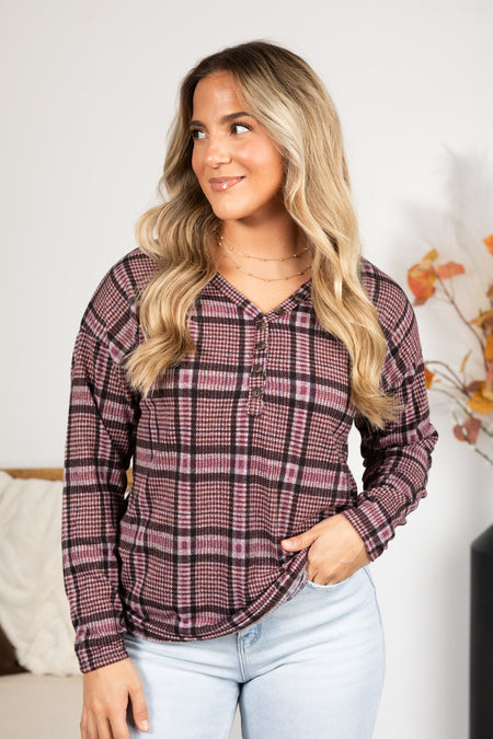 Berry Plaid Long Sleeve Top With Button Detail