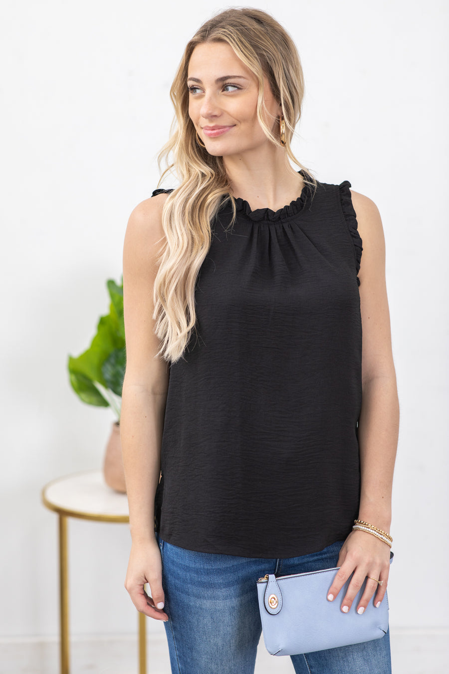 Black Solid Mock Neck With Ruffle Woven Top