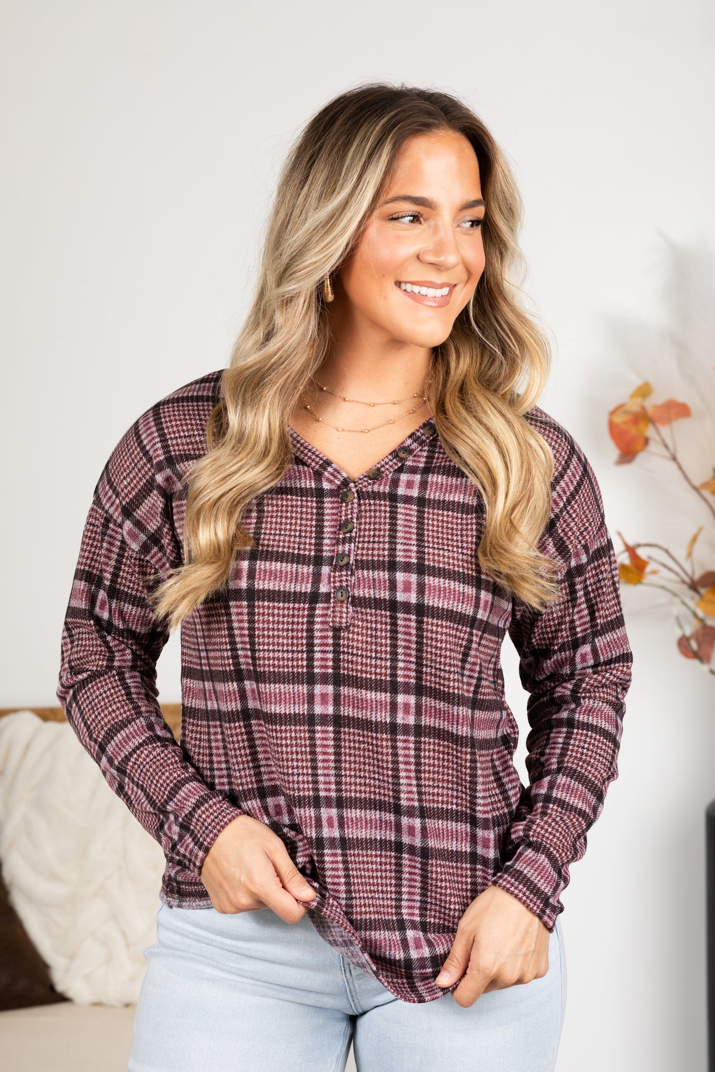 Berry Plaid Long Sleeve Top With Button Detail