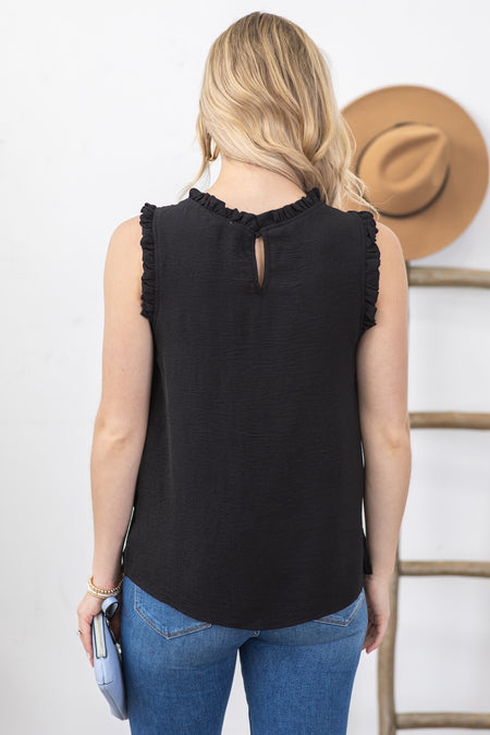 Black Solid Mock Neck With Ruffle Woven Top