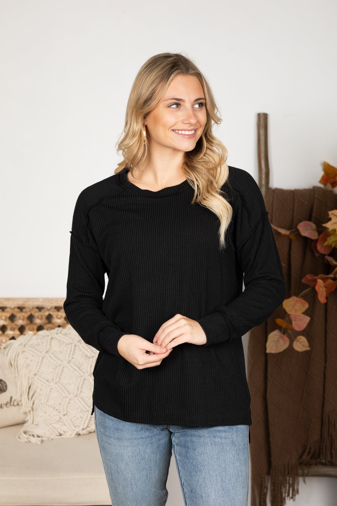 Ribbed Drop Shoulder Long Sleeve Knit Top