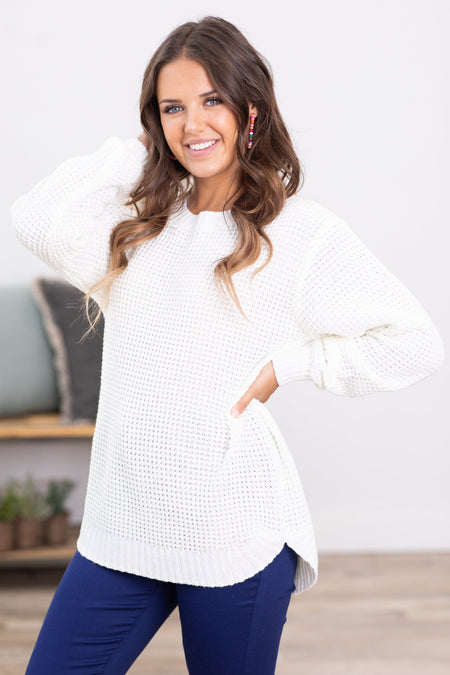 Ivory Waffle Knit Round Hem Sweater - Filly Flair